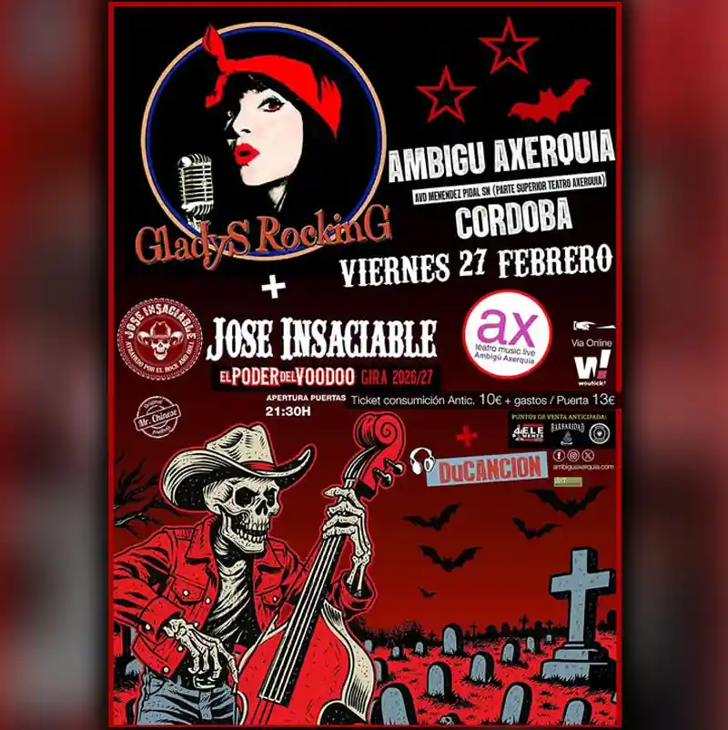 JOSÉ INSACIABLE + GLADYS ROCKING. Sala Ambigú. Córdoba. Viernes 27 Febrero 2026