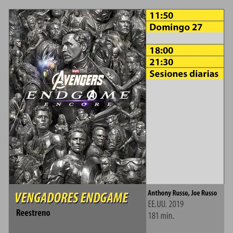 Cartelera VENGADORES ENDGAME (reestreno). CINES AXION Córdoba Cartelera VENGADORES ENDGAME reestreno. CINES AXION Cordoba