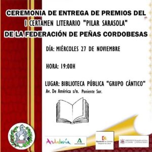 Entrega de premios I CERTAMEN LITERARIO PILAR SARASOLA. Bibliteca Grupo Cantico. 27 Noviembre 2024